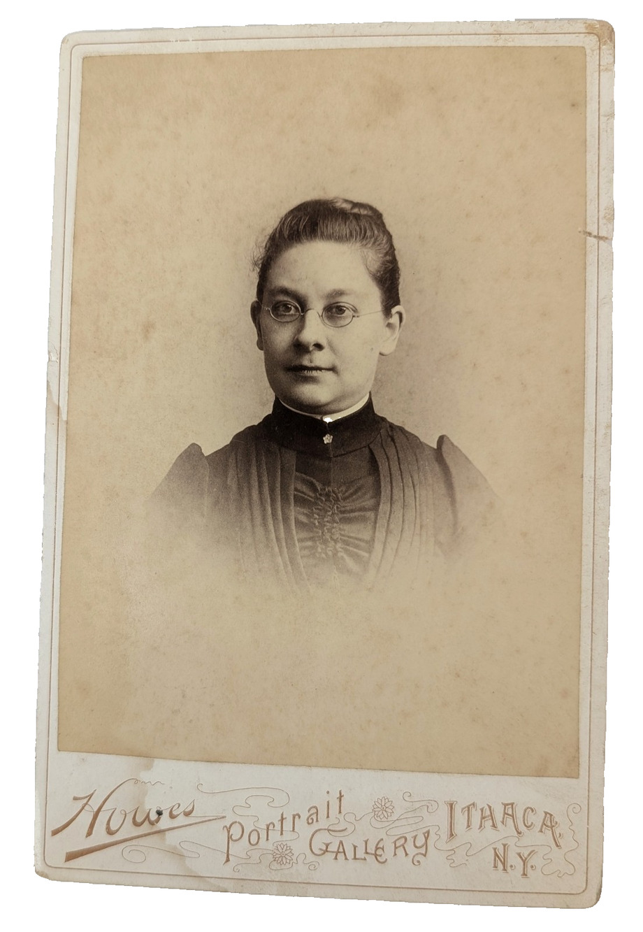 Antique Cabinet Card Photo Woman Glasses Ithaca NY Victorian Portrait Photograph